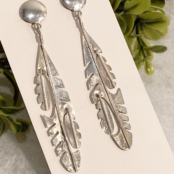 Native American Sterling Silver Dangle Long Feather Earrings Vintage - Picture 3 of 7